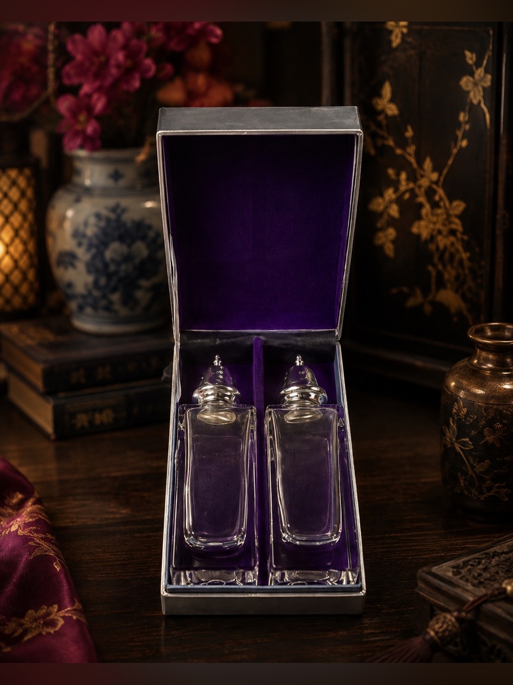 VINTAGE Elegant ONEIDA JAPAN Crystal Salt & Pepper Shakers in Box New